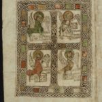 Całostronicowa miniatura, przedstawiająca crux gemmata (krzyż zdobiony kamieniami szlachetnymi) z symbolami ewangelistów: Mateusza (anioł), Marka (lew), Łukasza (wół) i Jana (orzeł).