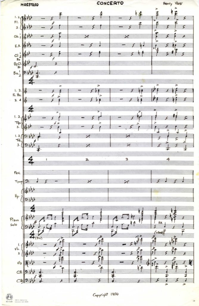 Henryk Wars/Henry Vars. Concerto for Piano and Orchestra, 1950, USC Polish Music Center, Los Angeles.